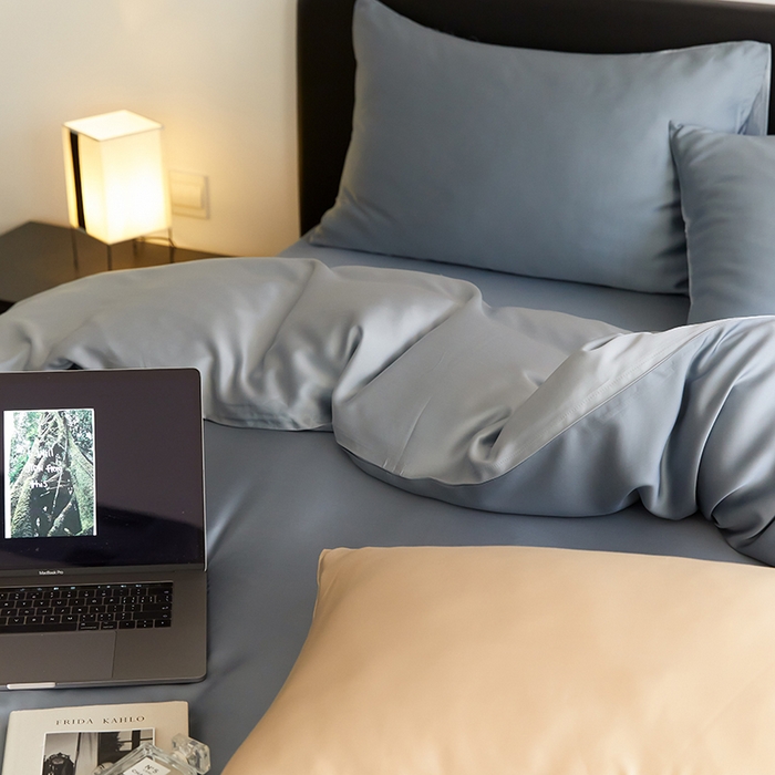 91家纺网 家纺一手货源 找家纺 禾时  2025新款奥地利进口兰精天丝莱赛尔四件套纯色双拼三件套 灰蓝色-冰川灰