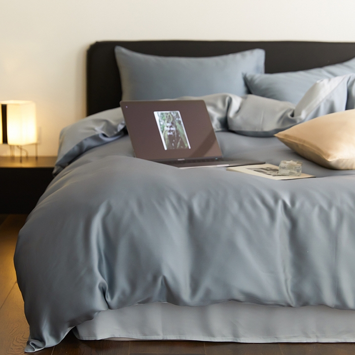 91家纺网 家纺一手货源 找家纺 禾时  2025新款奥地利进口兰精天丝莱赛尔四件套纯色双拼三件套 灰蓝色-冰川灰