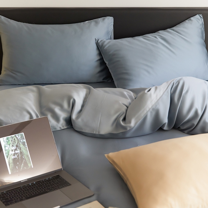 91家纺网 家纺一手货源 找家纺 禾时  2025新款奥地利进口兰精天丝莱赛尔四件套纯色双拼三件套 灰蓝色-冰川灰