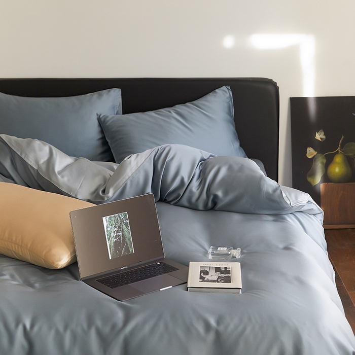 91家纺网 家纺一手货源 找家纺 禾时  2025新款奥地利进口兰精天丝莱赛尔四件套纯色双拼三件套 灰蓝色-冰川灰