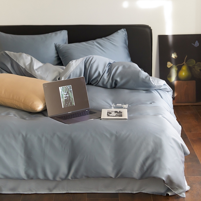 91家纺网 家纺一手货源 找家纺 禾时  2025新款奥地利进口兰精天丝莱赛尔四件套纯色双拼三件套 灰蓝色-冰川灰