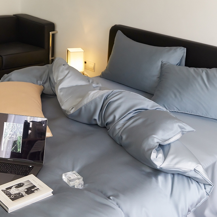 91家纺网 家纺一手货源 找家纺 禾时  2025新款奥地利进口兰精天丝莱赛尔四件套纯色双拼三件套 灰蓝色-冰川灰