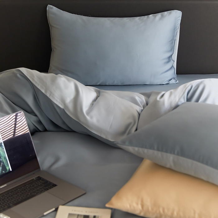 91家纺网 家纺一手货源 找家纺 禾时  2025新款奥地利进口兰精天丝莱赛尔四件套纯色双拼三件套 灰蓝色-冰川灰