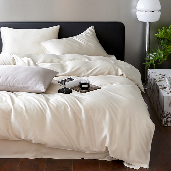 91家纺网 家纺一手货源 找家纺 禾时  2025新款奥地利进口兰精天丝莱赛尔四件套纯色双拼三件套 极地白