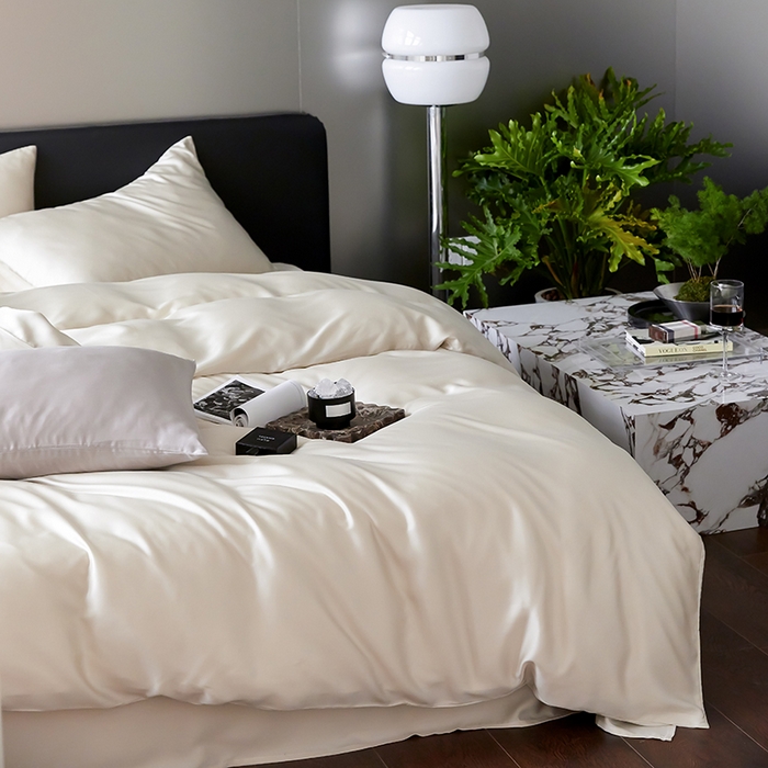 91家纺网 家纺一手货源 找家纺 禾时  2025新款奥地利进口兰精天丝莱赛尔四件套纯色双拼三件套 极地白