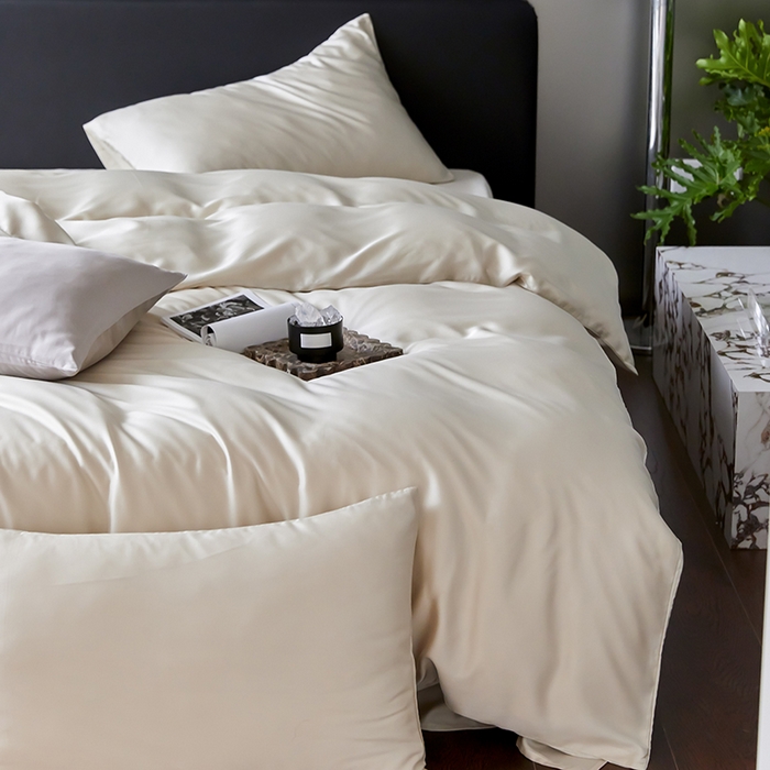 91家纺网 家纺一手货源 找家纺 禾时  2025新款奥地利进口兰精天丝莱赛尔四件套纯色双拼三件套 极地白