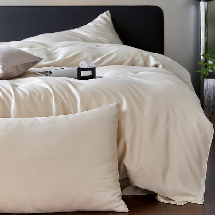 91家纺网 家纺一手货源 找家纺 禾时  2025新款奥地利进口兰精天丝莱赛尔四件套纯色双拼三件套 极地白