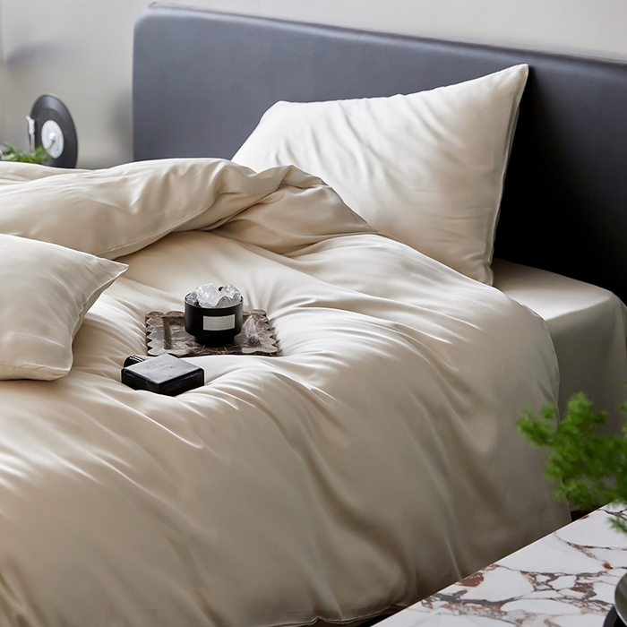 91家纺网 家纺一手货源 找家纺 禾时  2025新款奥地利进口兰精天丝莱赛尔四件套纯色双拼三件套 极地白