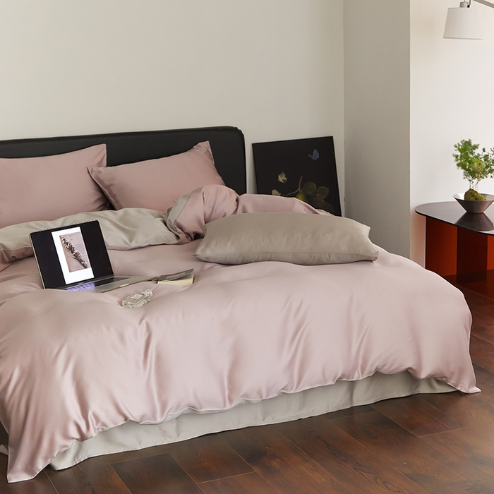 91家纺网 家纺一手货源 找家纺 禾时  2025新款奥地利进口兰精天丝莱赛尔四件套纯色双拼三件套 满天星紫-曙光银