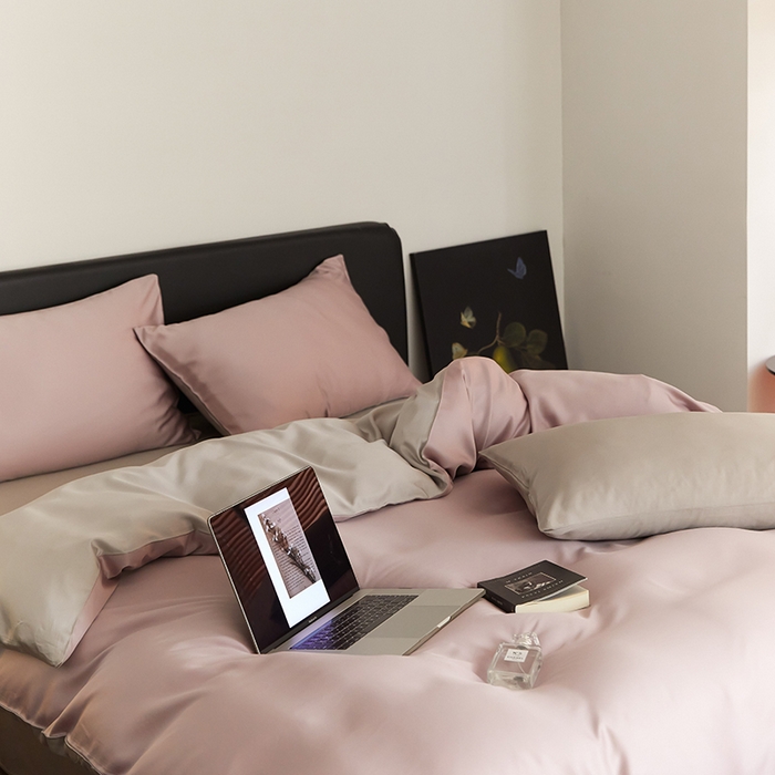 91家纺网 家纺一手货源 找家纺 禾时  2025新款奥地利进口兰精天丝莱赛尔四件套纯色双拼三件套 满天星紫-曙光银