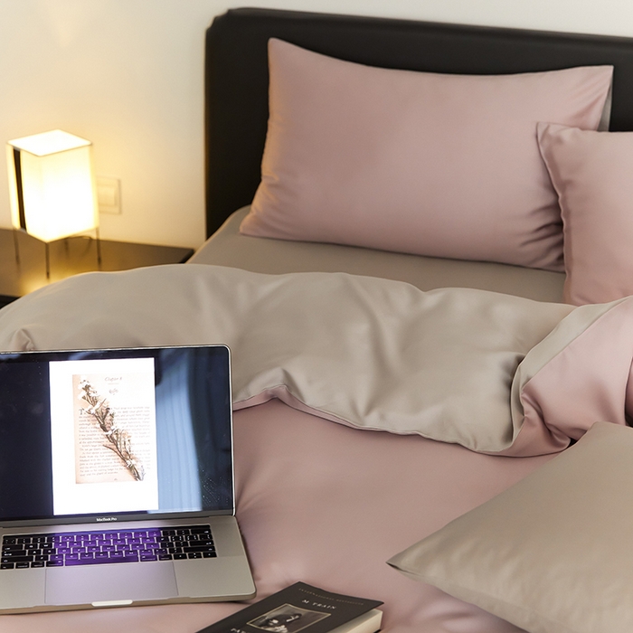 91家纺网 家纺一手货源 找家纺 禾时  2025新款奥地利进口兰精天丝莱赛尔四件套纯色双拼三件套 满天星紫-曙光银