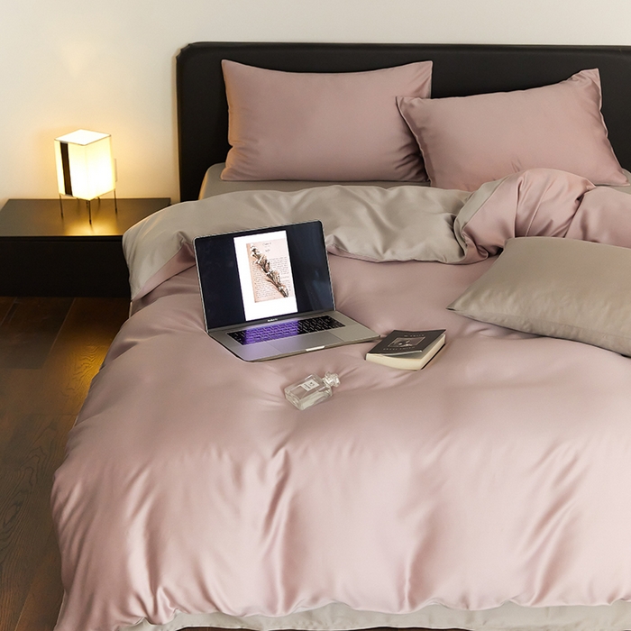 91家纺网 家纺一手货源 找家纺 禾时  2025新款奥地利进口兰精天丝莱赛尔四件套纯色双拼三件套 满天星紫-曙光银