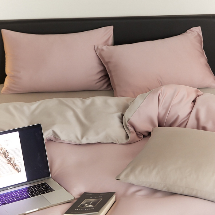 91家纺网 家纺一手货源 找家纺 禾时  2025新款奥地利进口兰精天丝莱赛尔四件套纯色双拼三件套 满天星紫-曙光银