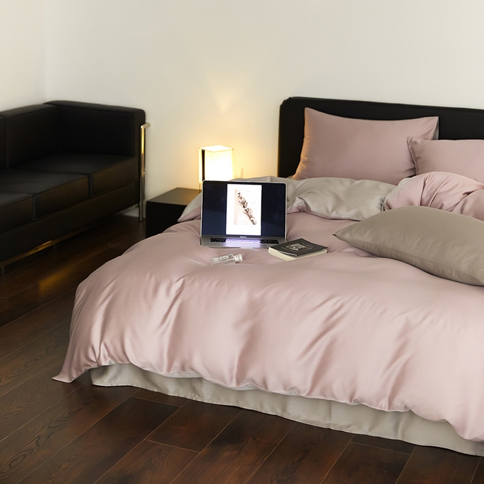 91家纺网 家纺一手货源 找家纺 禾时  2025新款奥地利进口兰精天丝莱赛尔四件套纯色双拼三件套 满天星紫-曙光银