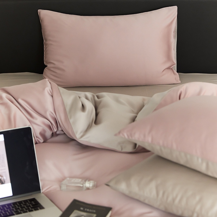 91家纺网 家纺一手货源 找家纺 禾时  2025新款奥地利进口兰精天丝莱赛尔四件套纯色双拼三件套 满天星紫-曙光银