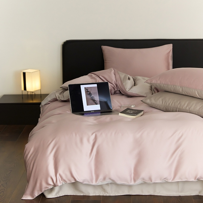 91家纺网 家纺一手货源 找家纺 禾时  2025新款奥地利进口兰精天丝莱赛尔四件套纯色双拼三件套 满天星紫-曙光银