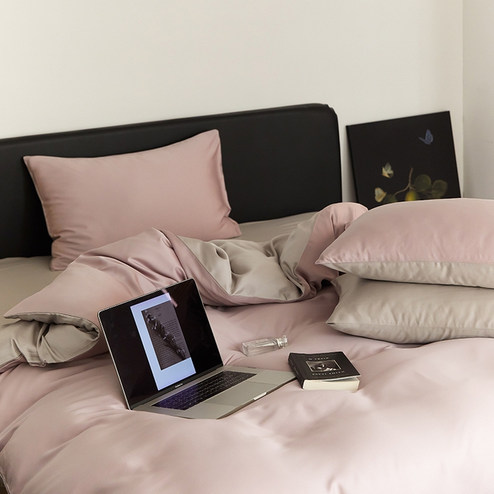 91家纺网 家纺一手货源 找家纺 禾时  2025新款奥地利进口兰精天丝莱赛尔四件套纯色双拼三件套 满天星紫-曙光银