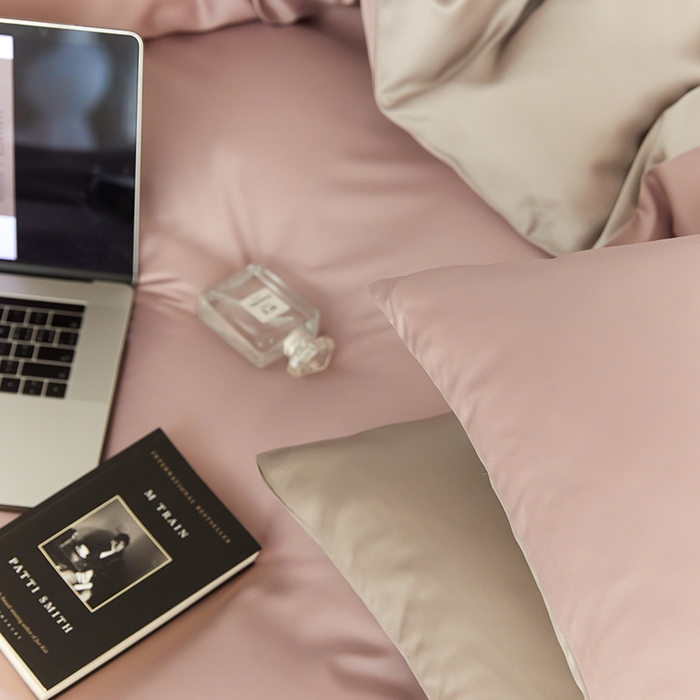 91家纺网 家纺一手货源 找家纺 禾时  2025新款奥地利进口兰精天丝莱赛尔四件套纯色双拼三件套 满天星紫-曙光银