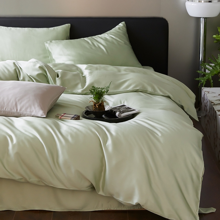 91家纺网 家纺一手货源 找家纺 禾时  2025新款奥地利进口兰精天丝莱赛尔四件套纯色双拼三件套 嫩叶绿