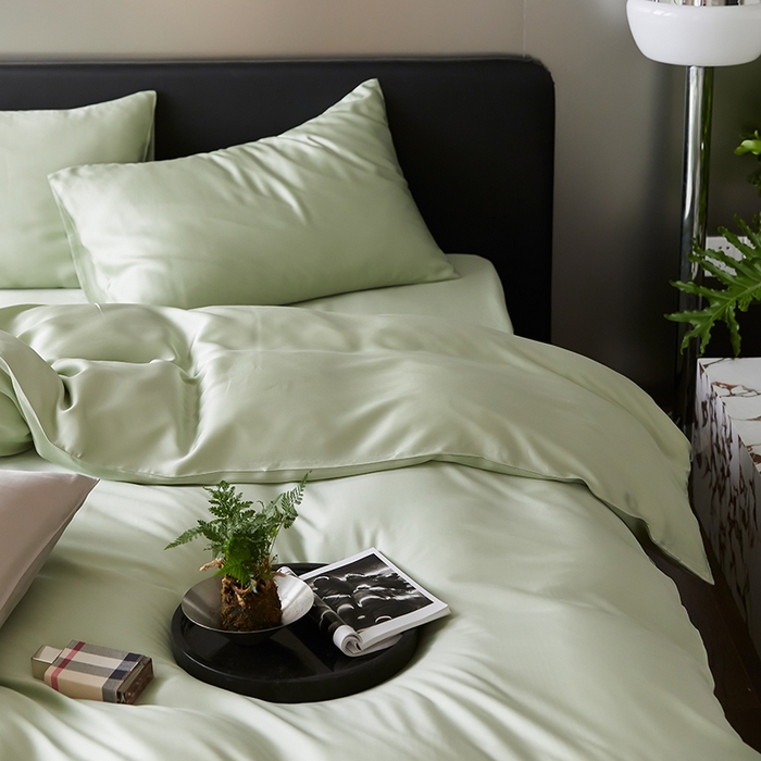 91家纺网 家纺一手货源 找家纺 禾时  2025新款奥地利进口兰精天丝莱赛尔四件套纯色双拼三件套 嫩叶绿