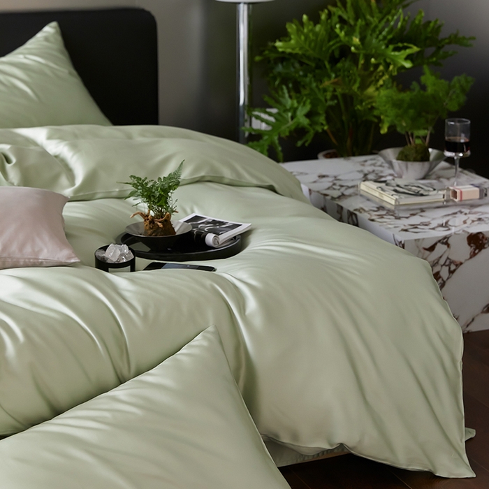 91家纺网 家纺一手货源 找家纺 禾时  2025新款奥地利进口兰精天丝莱赛尔四件套纯色双拼三件套 嫩叶绿