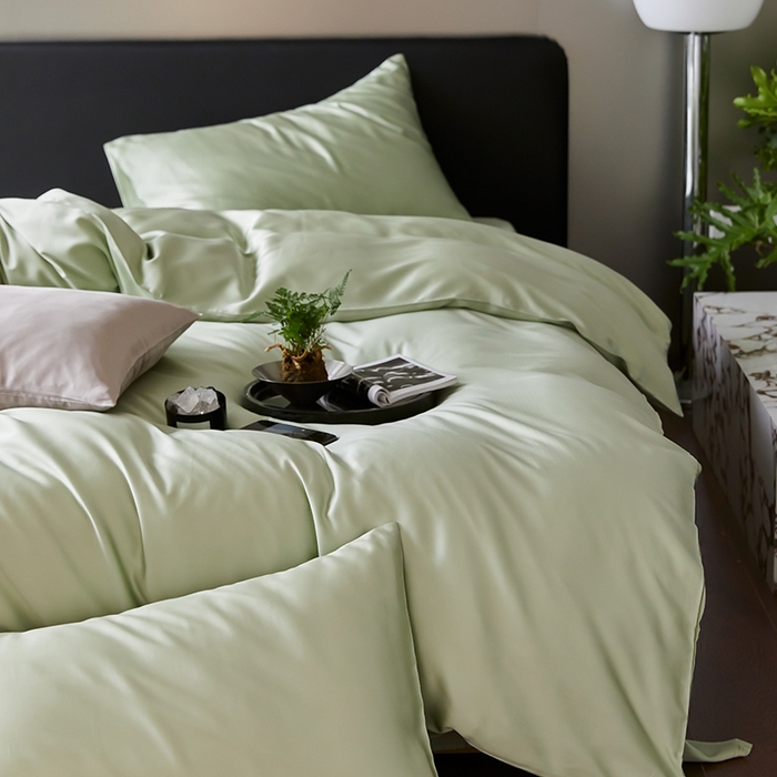 91家纺网 家纺一手货源 找家纺 禾时  2025新款奥地利进口兰精天丝莱赛尔四件套纯色双拼三件套 嫩叶绿