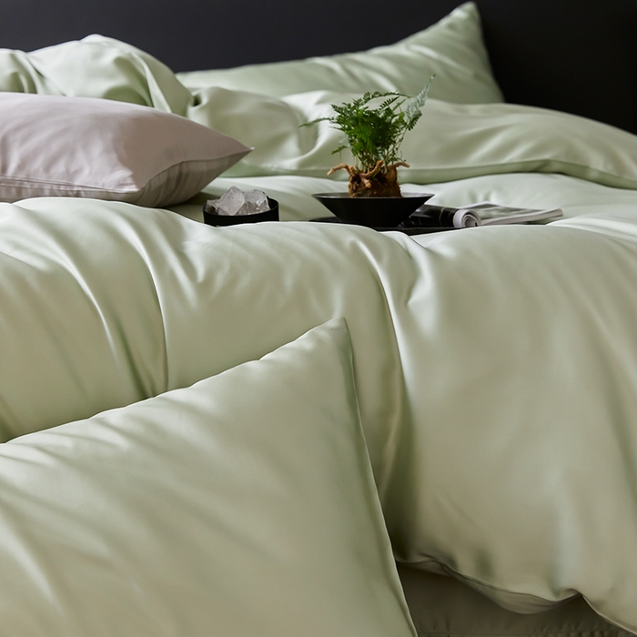 91家纺网 家纺一手货源 找家纺 禾时  2025新款奥地利进口兰精天丝莱赛尔四件套纯色双拼三件套 嫩叶绿