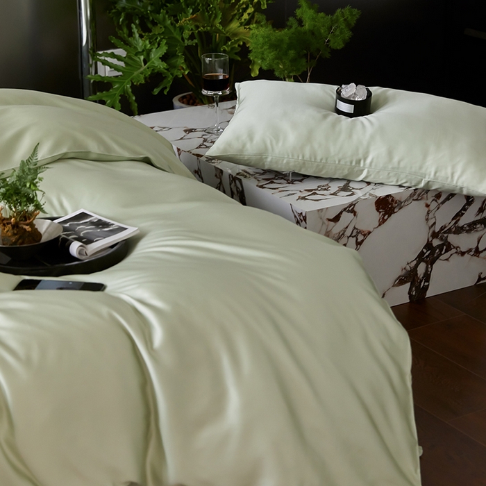 91家纺网 家纺一手货源 找家纺 禾时  2025新款奥地利进口兰精天丝莱赛尔四件套纯色双拼三件套 嫩叶绿