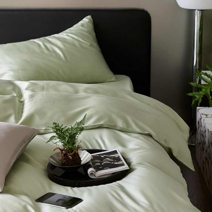 91家纺网 家纺一手货源 找家纺 禾时  2025新款奥地利进口兰精天丝莱赛尔四件套纯色双拼三件套 嫩叶绿