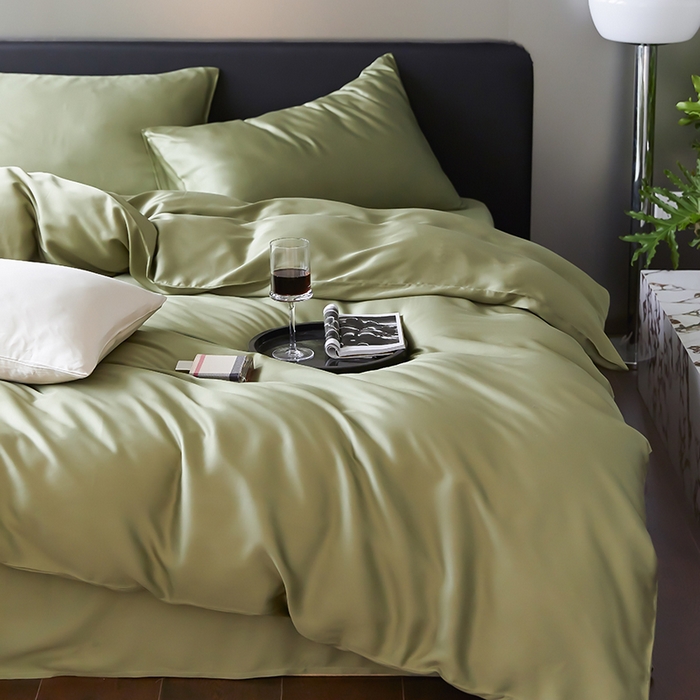 91家纺网 家纺一手货源 找家纺 禾时  2025新款奥地利进口兰精天丝莱赛尔四件套纯色双拼三件套 欧芹绿