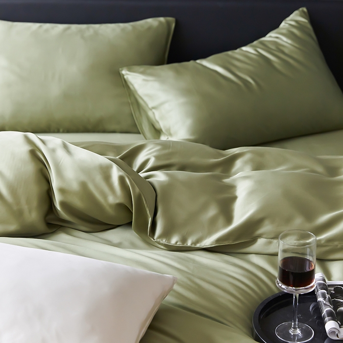 91家纺网 家纺一手货源 找家纺 禾时  2025新款奥地利进口兰精天丝莱赛尔四件套纯色双拼三件套 欧芹绿