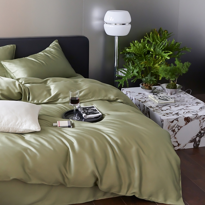 91家纺网 家纺一手货源 找家纺 禾时  2025新款奥地利进口兰精天丝莱赛尔四件套纯色双拼三件套 欧芹绿