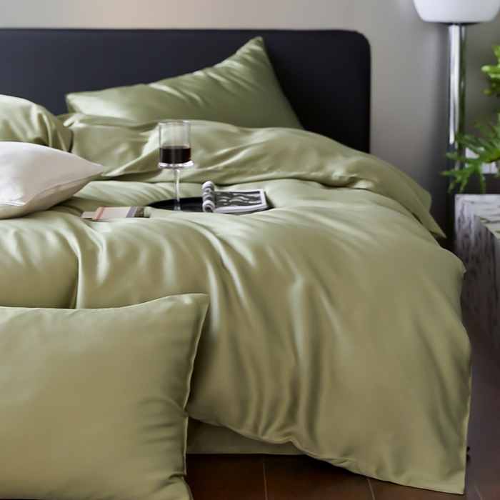 91家纺网 家纺一手货源 找家纺 禾时  2025新款奥地利进口兰精天丝莱赛尔四件套纯色双拼三件套 欧芹绿