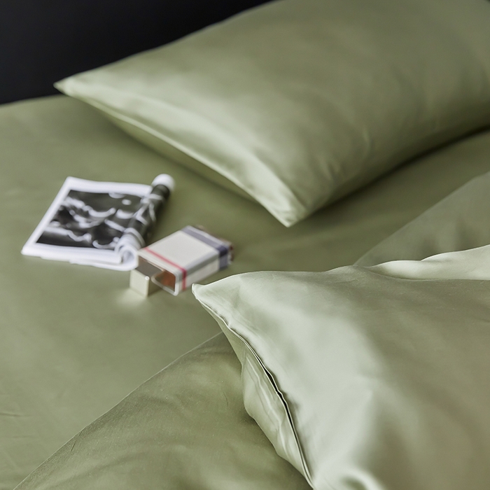 91家纺网 家纺一手货源 找家纺 禾时  2025新款奥地利进口兰精天丝莱赛尔四件套纯色双拼三件套 欧芹绿