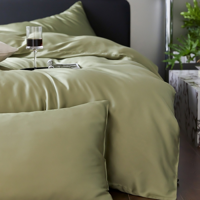 91家纺网 家纺一手货源 找家纺 禾时  2025新款奥地利进口兰精天丝莱赛尔四件套纯色双拼三件套 欧芹绿