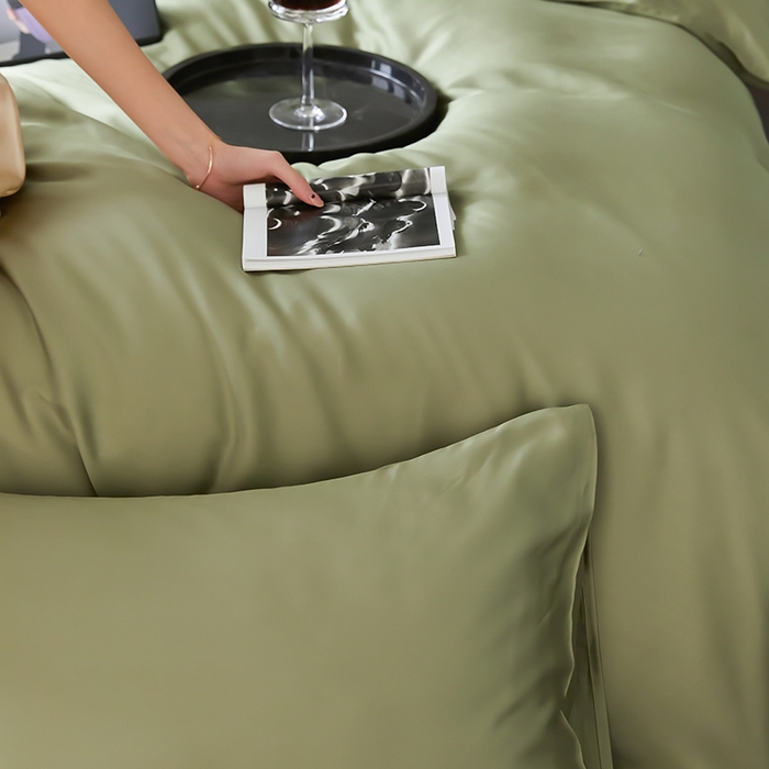 91家纺网 家纺一手货源 找家纺 禾时  2025新款奥地利进口兰精天丝莱赛尔四件套纯色双拼三件套 欧芹绿