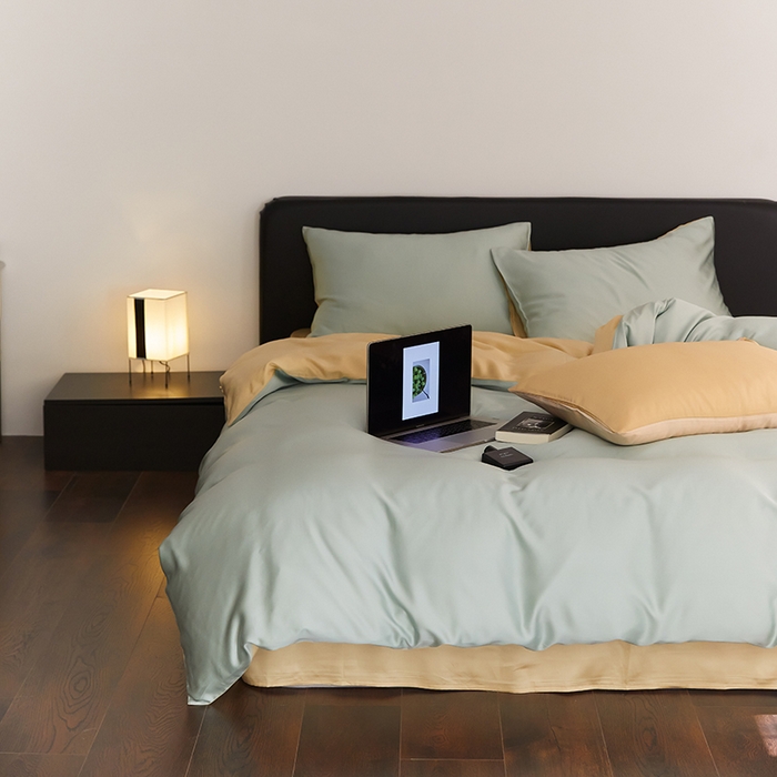 91家纺网 家纺一手货源 找家纺 禾时  2025新款奥地利进口兰精天丝莱赛尔四件套纯色双拼三件套 浅艾绿-香槟金