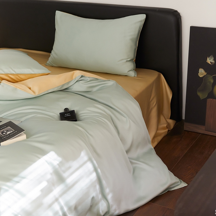 91家纺网 家纺一手货源 找家纺 禾时  2025新款奥地利进口兰精天丝莱赛尔四件套纯色双拼三件套 浅艾绿-香槟金