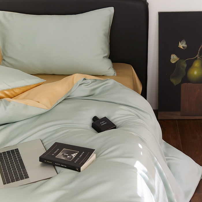 91家纺网 家纺一手货源 找家纺 禾时  2025新款奥地利进口兰精天丝莱赛尔四件套纯色双拼三件套 浅艾绿-香槟金