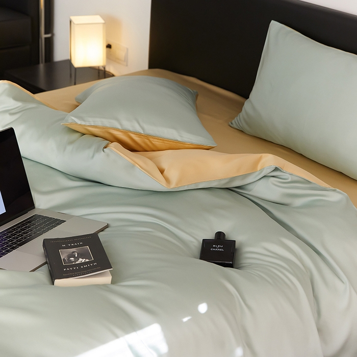 91家纺网 家纺一手货源 找家纺 禾时  2025新款奥地利进口兰精天丝莱赛尔四件套纯色双拼三件套 浅艾绿-香槟金