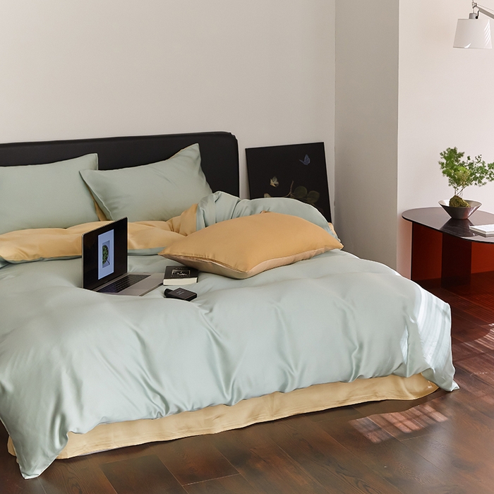 91家纺网 家纺一手货源 找家纺 禾时  2025新款奥地利进口兰精天丝莱赛尔四件套纯色双拼三件套 浅艾绿-香槟金