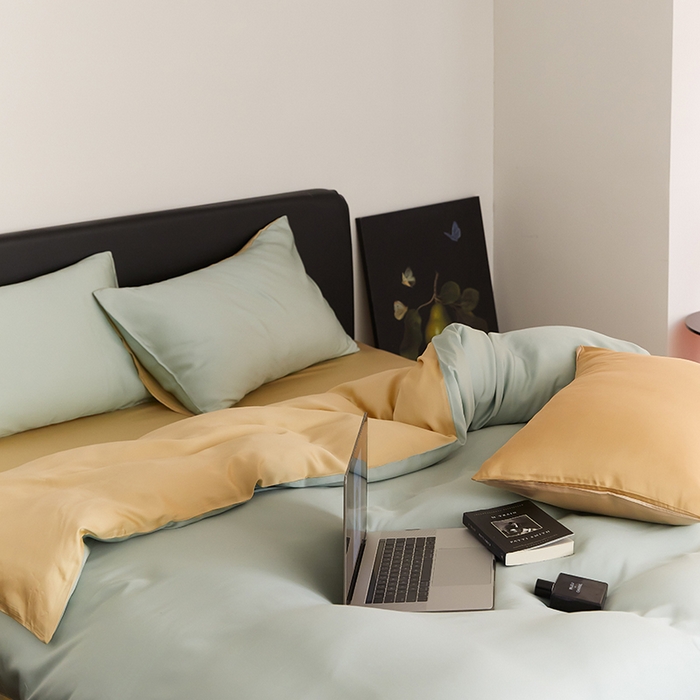 91家纺网 家纺一手货源 找家纺 禾时  2025新款奥地利进口兰精天丝莱赛尔四件套纯色双拼三件套 浅艾绿-香槟金