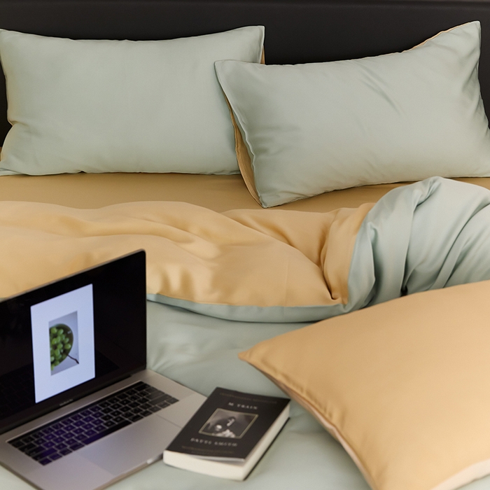 91家纺网 家纺一手货源 找家纺 禾时  2025新款奥地利进口兰精天丝莱赛尔四件套纯色双拼三件套 浅艾绿-香槟金