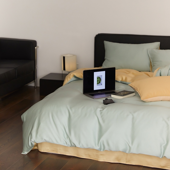 91家纺网 家纺一手货源 找家纺 禾时  2025新款奥地利进口兰精天丝莱赛尔四件套纯色双拼三件套 浅艾绿-香槟金