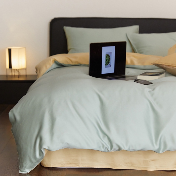 91家纺网 家纺一手货源 找家纺 禾时  2025新款奥地利进口兰精天丝莱赛尔四件套纯色双拼三件套 浅艾绿-香槟金