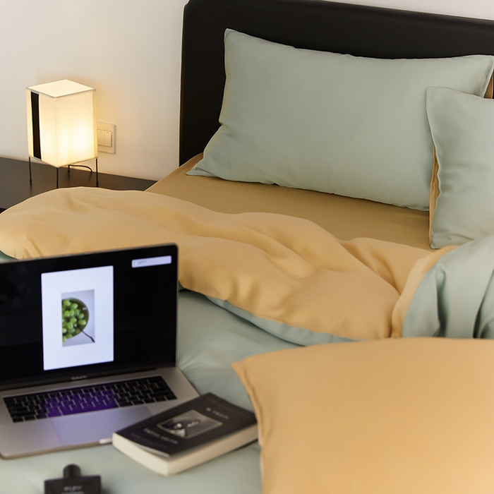 91家纺网 家纺一手货源 找家纺 禾时  2025新款奥地利进口兰精天丝莱赛尔四件套纯色双拼三件套 浅艾绿-香槟金