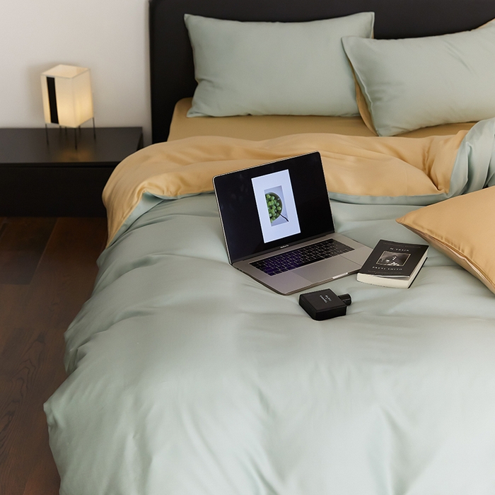 91家纺网 家纺一手货源 找家纺 禾时  2025新款奥地利进口兰精天丝莱赛尔四件套纯色双拼三件套 浅艾绿-香槟金