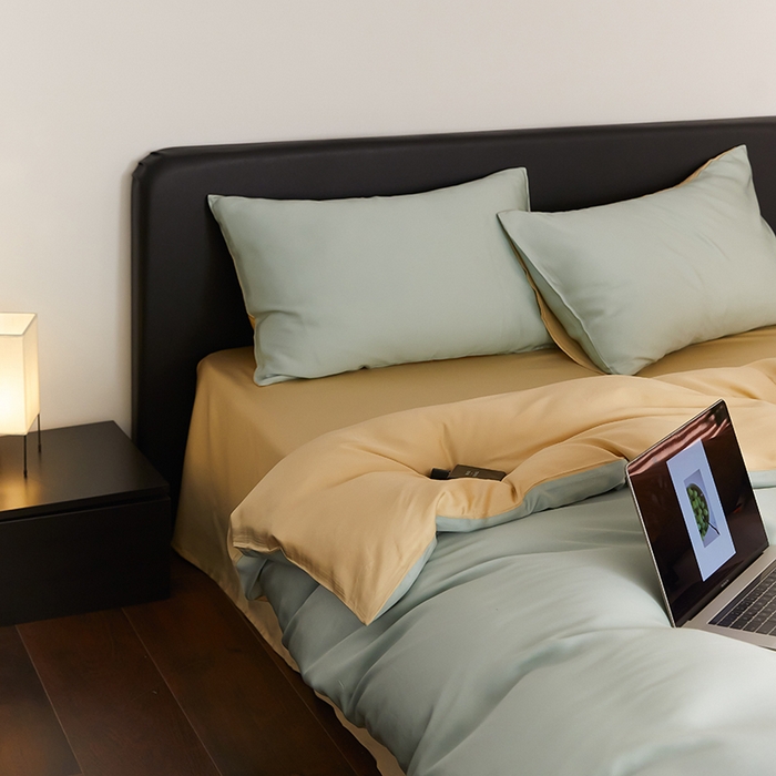 91家纺网 家纺一手货源 找家纺 禾时  2025新款奥地利进口兰精天丝莱赛尔四件套纯色双拼三件套 浅艾绿-香槟金