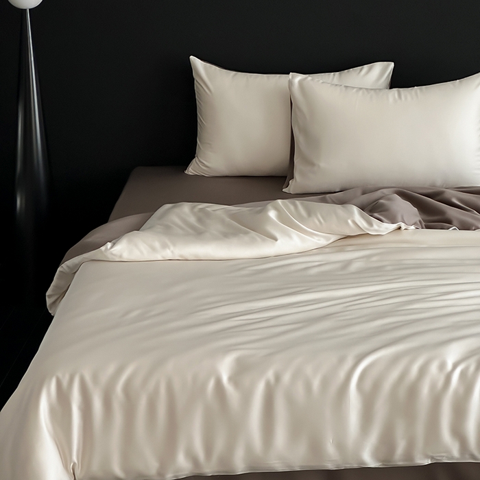 91家纺网 家纺一手货源 找家纺 禾时  2025新款奥地利进口兰精天丝莱赛尔四件套纯色双拼三件套 乳蛋白-冷岩灰