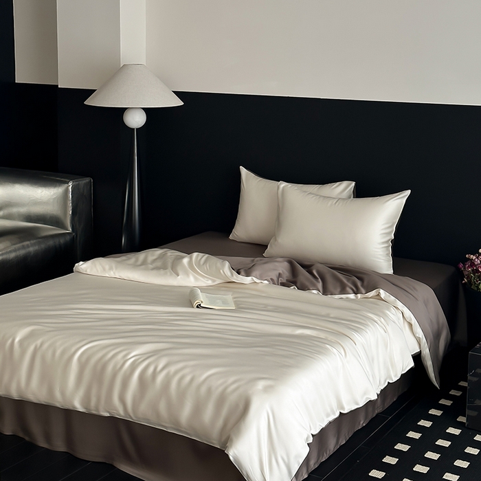 91家纺网 家纺一手货源 找家纺 禾时  2025新款奥地利进口兰精天丝莱赛尔四件套纯色双拼三件套 乳蛋白-冷岩灰